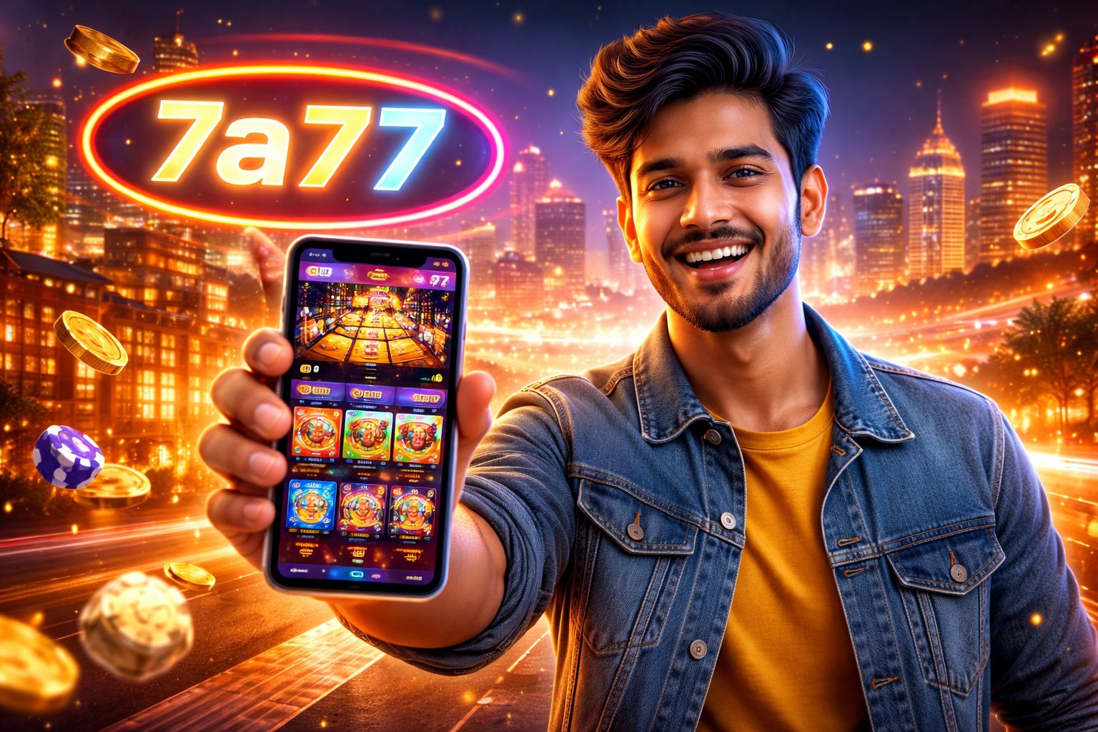 Charming Bengali croupier presenting a glowing roulette wheel with luminous chips symbolizing fairness and excitement at 7a77 casino