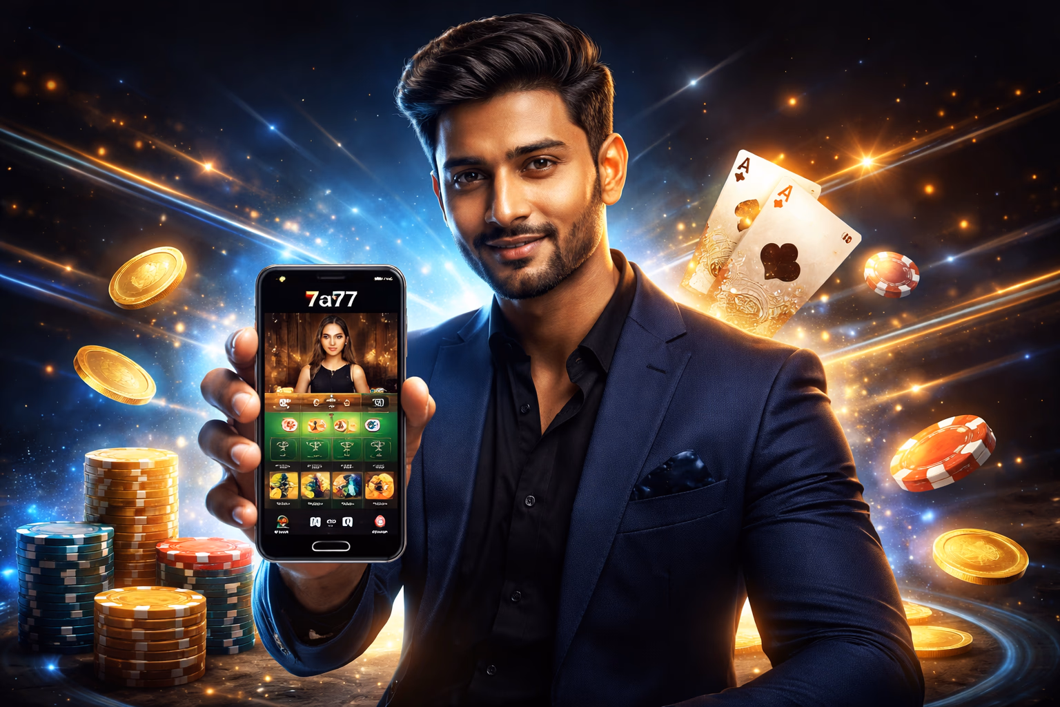 Confident Bangladeshi player using the 7a77 application with vibrant casino chips and digital symbols floating around the screen