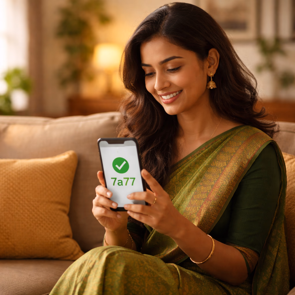 Smiling Bangladeshi woman installing the 7a77 application on her smartphone in a cozy living room