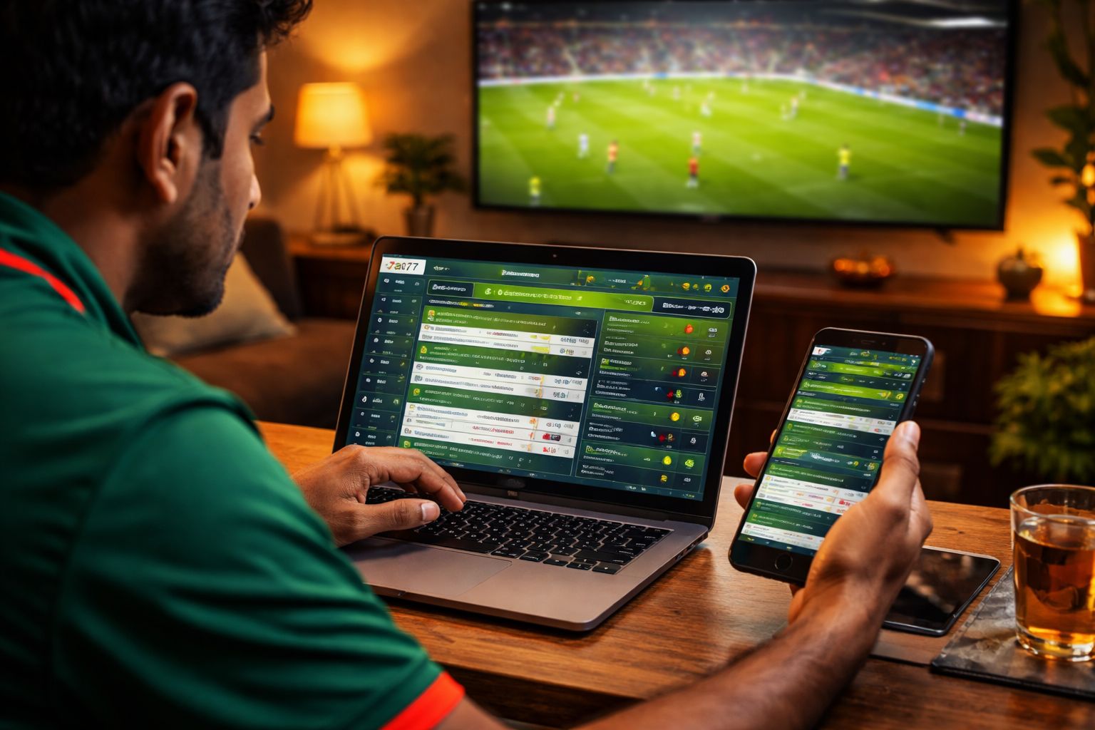 Enthusiastic Bangladeshi bettor reviewing live cricket odds on a laptop while watching a match broadcast on TV from a comfortable home setup using 7a77
