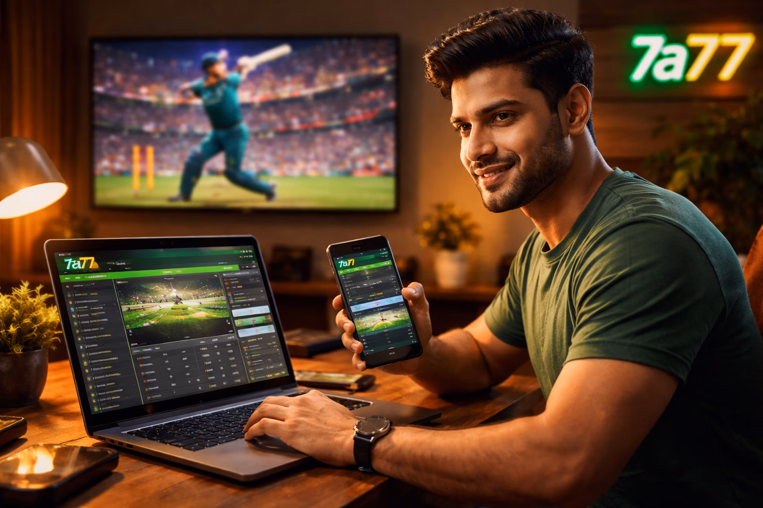Sharp Bangladeshi punter using both a laptop and mobile device at home while watching live cricket excitement and locking in stakes via 7a77