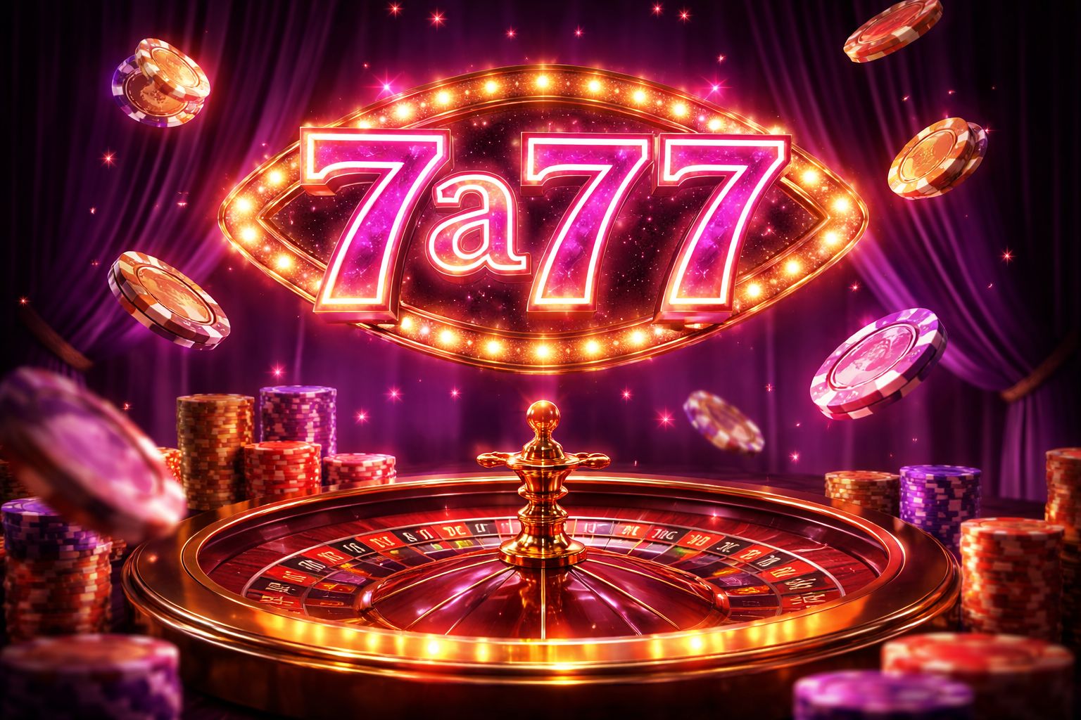 Glowing 7a77 neon casino sign hovering above a roulette wheel with golden chips floating in mid-air for Bangladesh punters