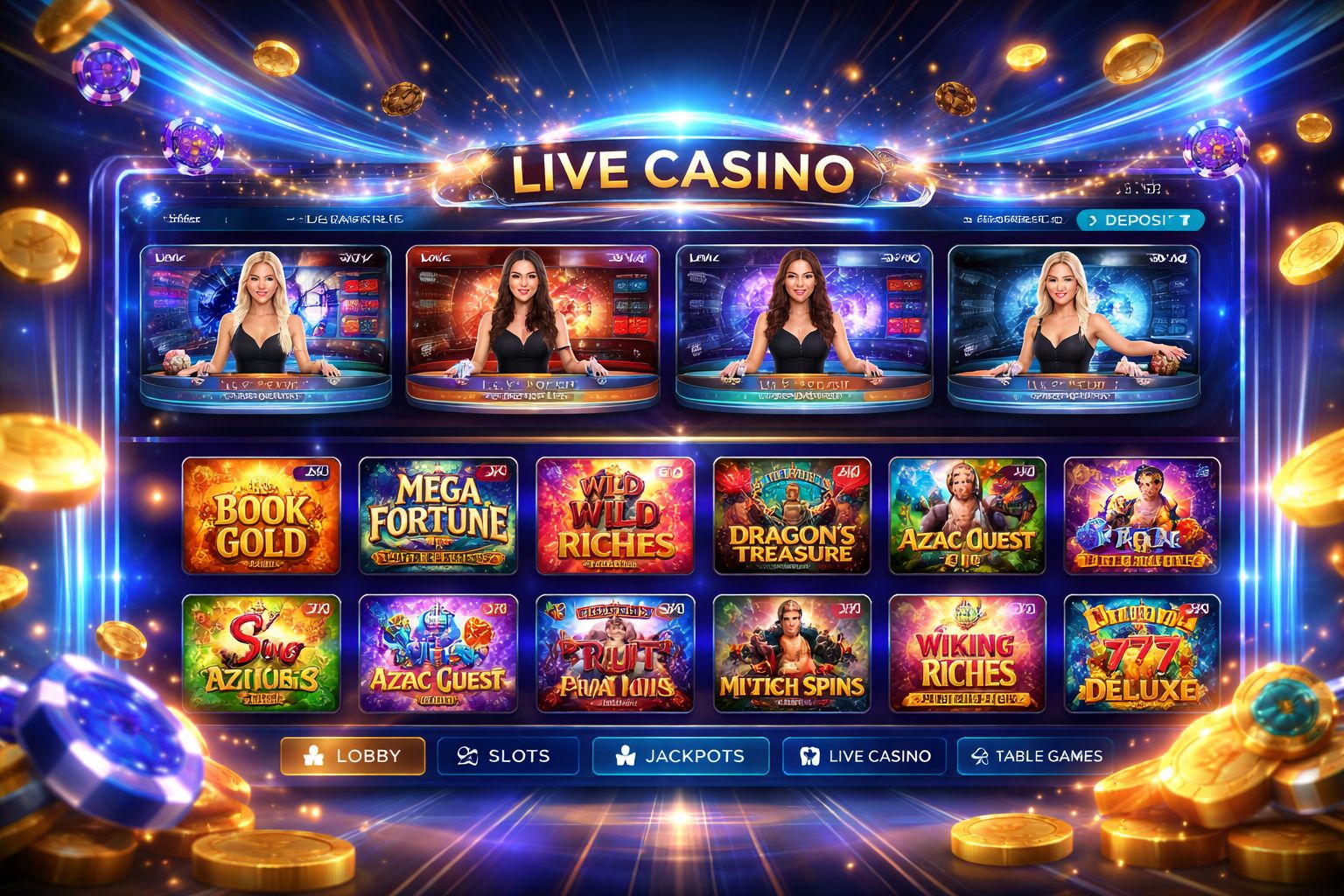 Confident casino host standing beside a roulette wheel surrounded by floating chips representing the premium live dealer environment of 7a77 in Bangladesh