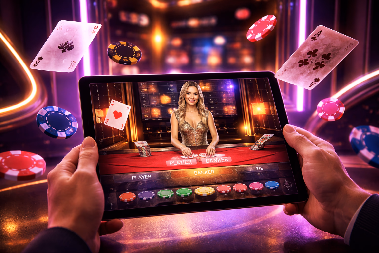 Focused gamer engaging with the 7a77 platform on a sleek laptop in a neon-lit room embracing the immersive Bangladesh casino atmosphere