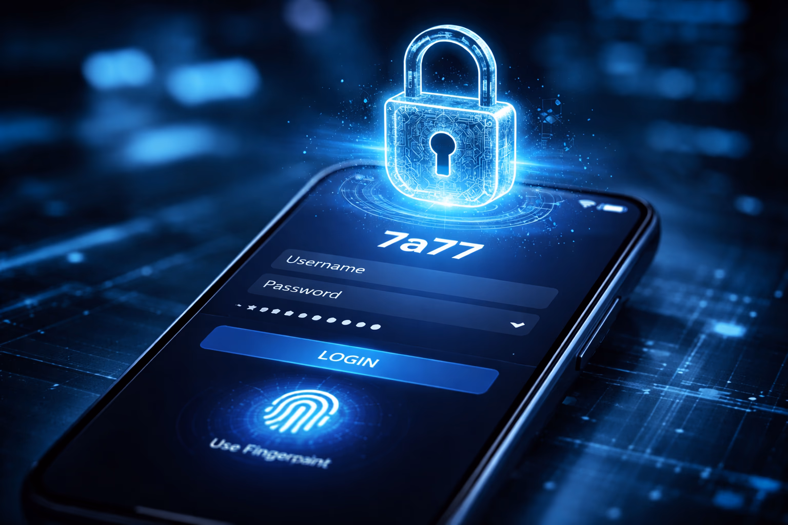 Glowing digital padlock floating above a smartphone displaying 7a77 entry screen with secure shield icons