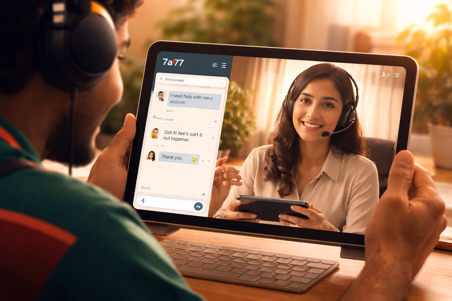 Friendly support representative on a video chat helping a Bangladeshi player recover account access