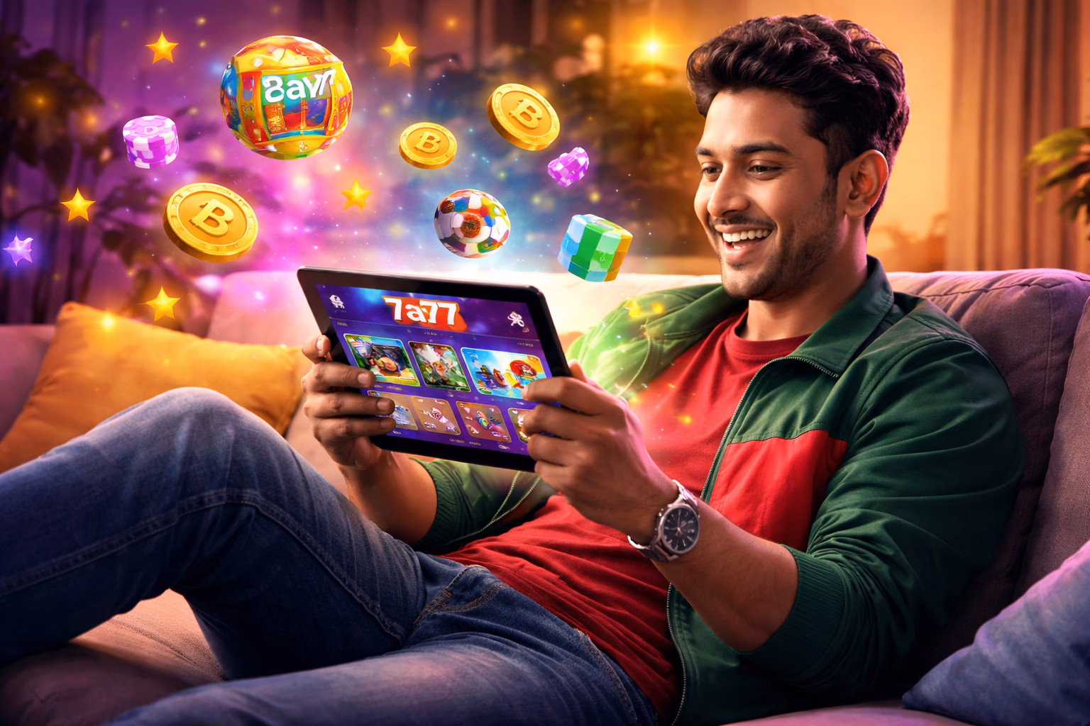 Cheerful Bangladeshi player viewing personalized 7a77 dashboard on a tablet with floating bonus icons